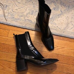 ZARA Black Patent Leather Pull On Square Toe Block Heel Boots Sz. 40 fit 9 9.5